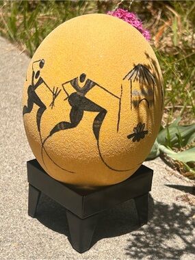 Vintage Hilary Keay South African Painted Ostrich Egg Art & Stand